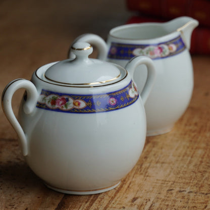 Pot à lait et sucrier "Josef" en porcelaine tchécoslovaque fleurie et dorée MZ Altrohlau CMR