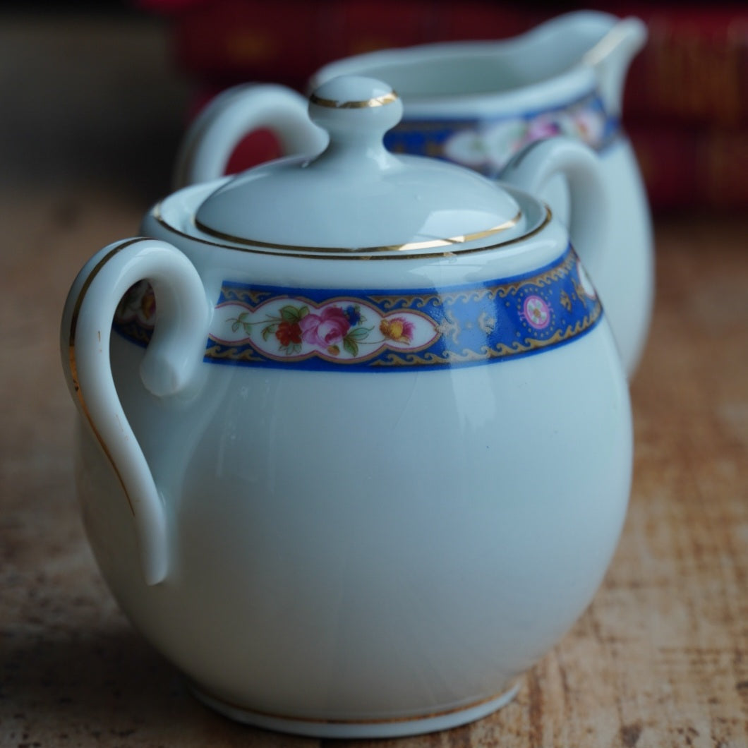 Pot à lait et sucrier "Josef" en porcelaine tchécoslovaque fleurie et dorée MZ Altrohlau CMR