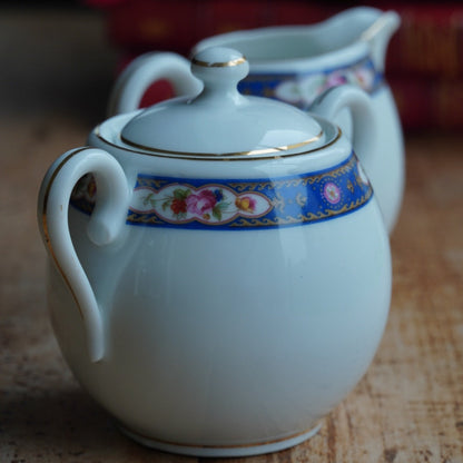 Pot à lait et sucrier "Josef" en porcelaine tchécoslovaque fleurie et dorée MZ Altrohlau CMR
