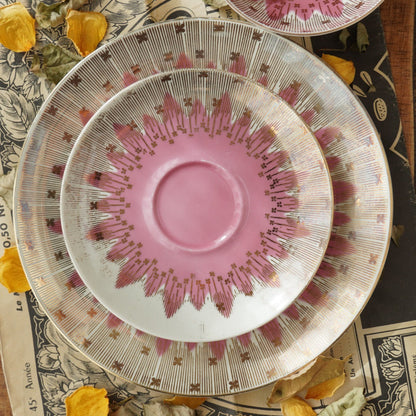 Tasse "Nicolina" en porcelaine allemande sur pied rose et dorée et son assiette à gâteau Bareuther Waldassen Bavaria