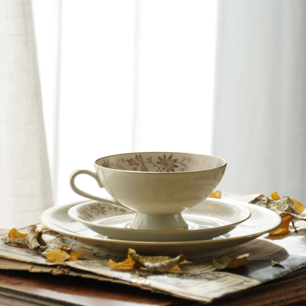 Tasse "Erna" en porcelaine allemande sur pied dorée et son assiette à gâteau Johann Haviland Bavaria