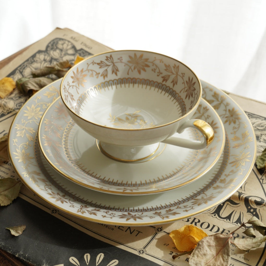 Tasse "Erna" en porcelaine allemande sur pied dorée et son assiette à gâteau Johann Haviland Bavaria