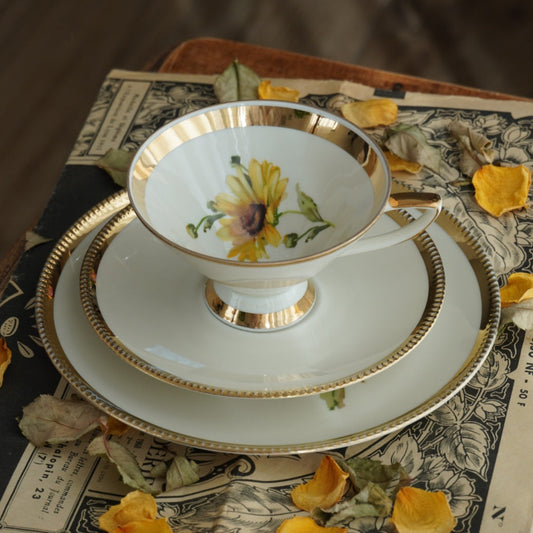 Tasse "Niny" en porcelaine allemande sur pied fleurie et dorée et son assiette à gâteau Bavaria Qualitäts-Porzellan