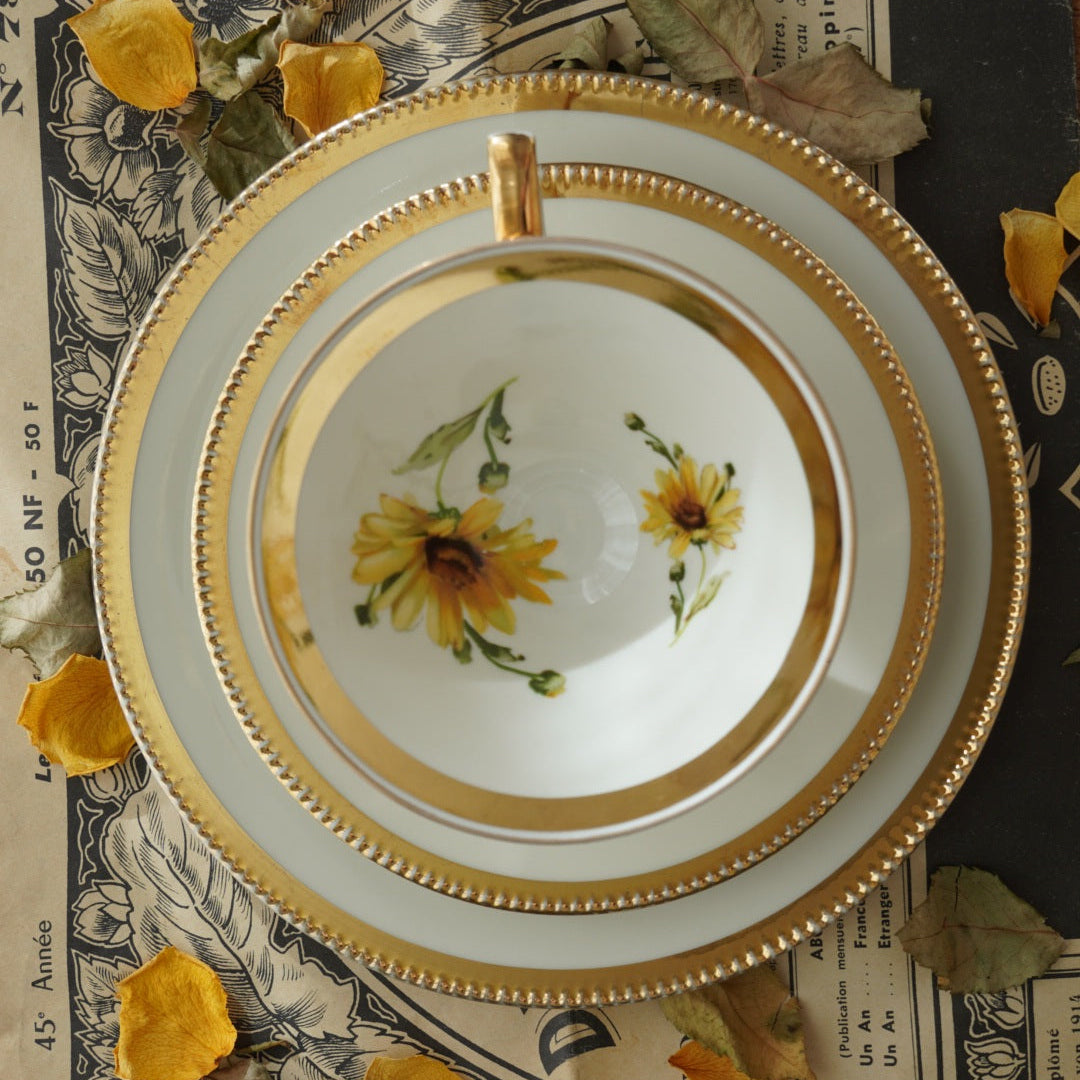 Tasse "Niny" en porcelaine allemande sur pied fleurie et dorée et son assiette à gâteau Bavaria Qualitäts-Porzellan
