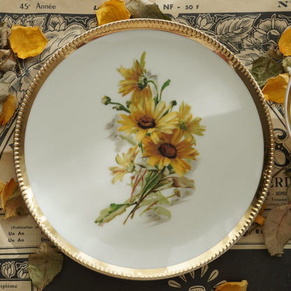Tasse "Niny" en porcelaine allemande sur pied fleurie et dorée et son assiette à gâteau Bavaria Qualitäts-Porzellan