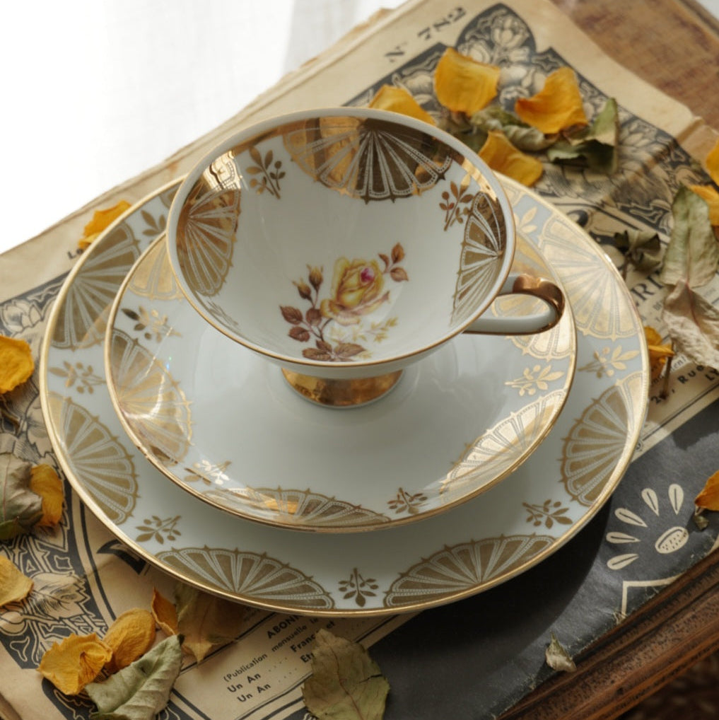 Tasse "Alfonsina" en porcelaine allemande sur pied fleurie et dorée et son assiette à gâteau Winterling Marktleuthen bavaria