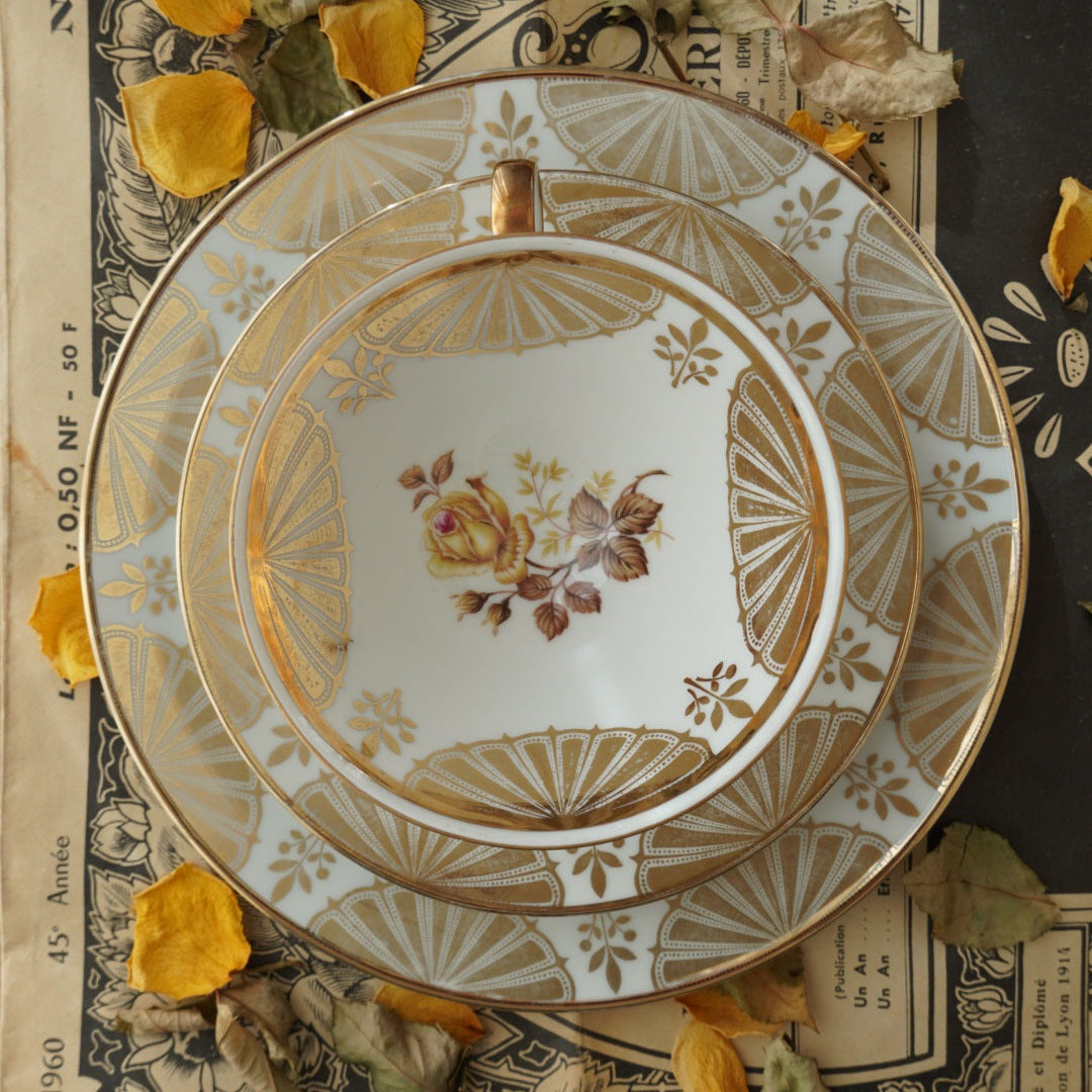 Tasse "Alfonsina" en porcelaine allemande sur pied fleurie et dorée et son assiette à gâteau Winterling Marktleuthen bavaria