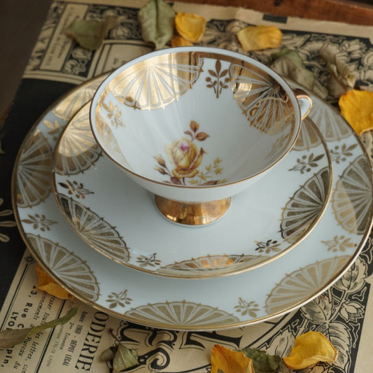 Tasse "Alfonsina" en porcelaine allemande sur pied fleurie et dorée et son assiette à gâteau Winterling Marktleuthen bavaria