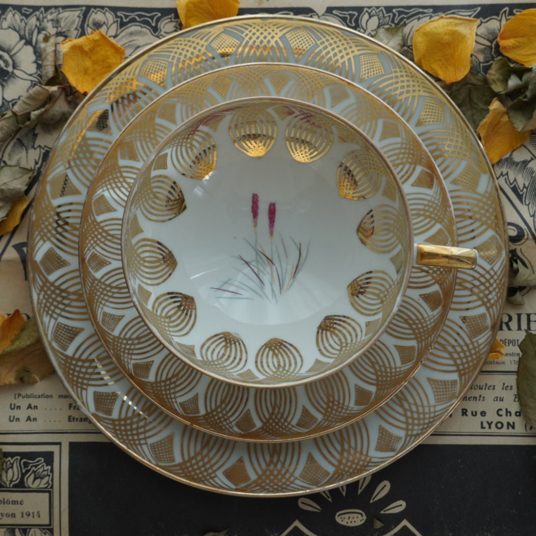 Tasse "Anina" en porcelaine allemande sur pied fleurie et dorée et son assiette à gâteau Bavaria Qualitäts-Porzellan