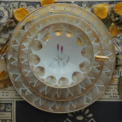 Tasse "Anina" en porcelaine allemande sur pied fleurie et dorée et son assiette à gâteau Bavaria Qualitäts-Porzellan