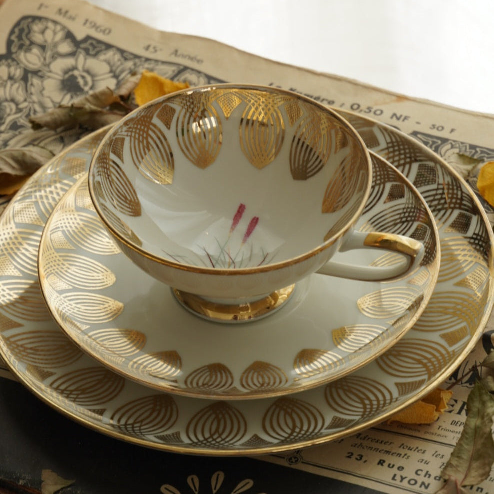 Tasse "Anina" en porcelaine allemande sur pied fleurie et dorée et son assiette à gâteau Bavaria Qualitäts-Porzellan