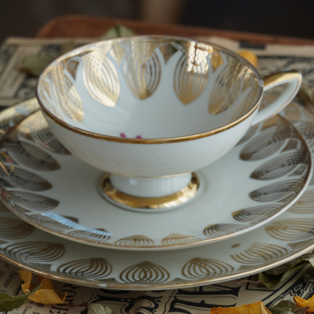 Tasse "Anina" en porcelaine allemande sur pied fleurie et dorée et son assiette à gâteau Bavaria Qualitäts-Porzellan