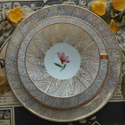 Tasse "Wilma" en porcelaine allemande sur pied fleurie et dorée et son assiette à gâteau Bavaria
