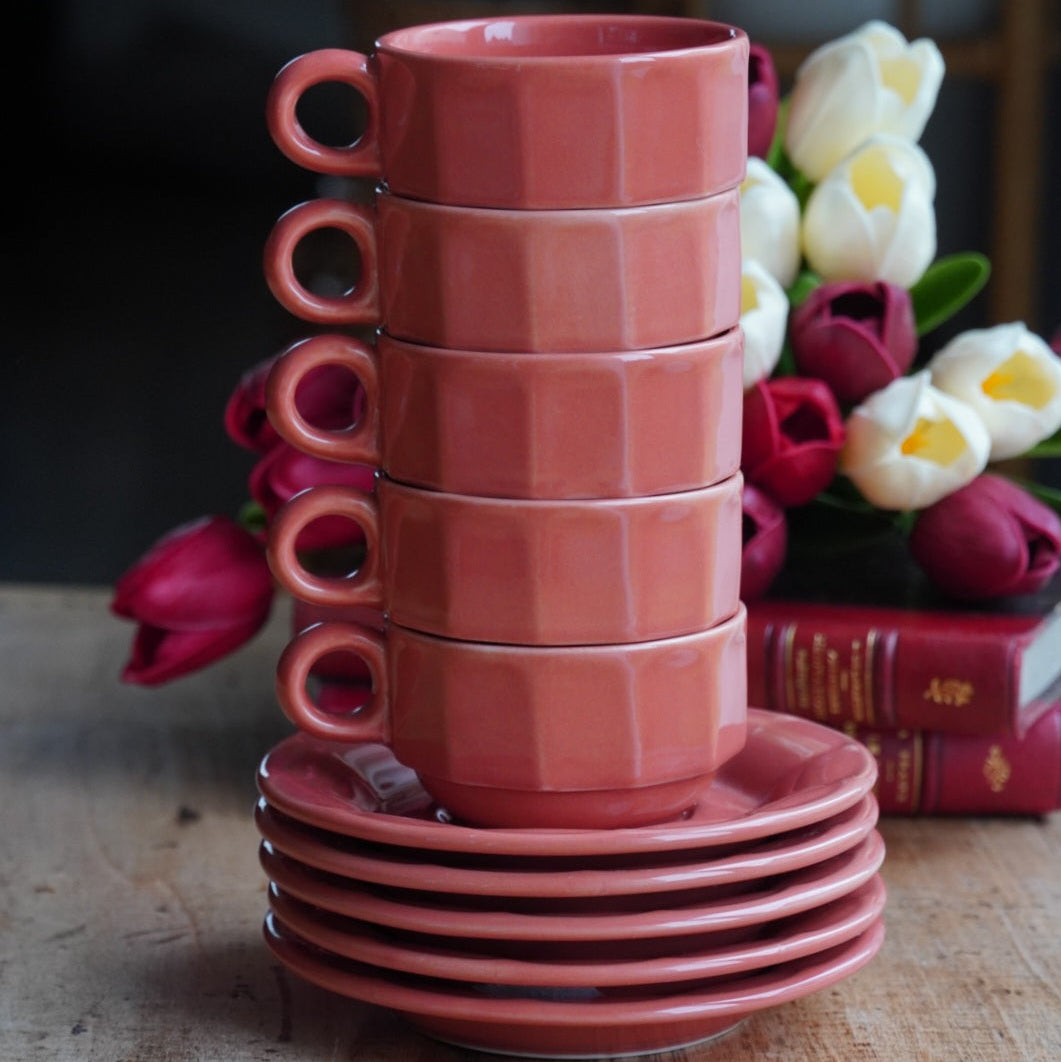 Ensemble de 5 petites tasses "Jésabelle" en grès style bistrot couleur corail