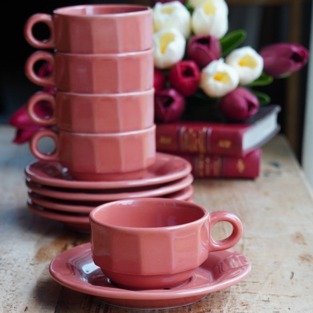 Ensemble de 5 petites tasses "Jésabelle" en grès style bistrot couleur corail
