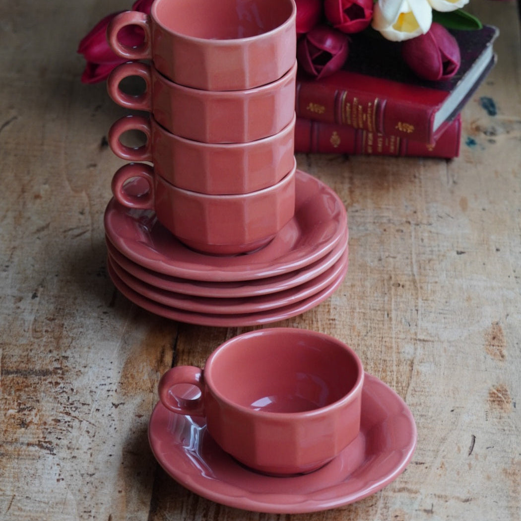 Ensemble de 5 petites tasses "Jésabelle" en grès style bistrot couleur corail